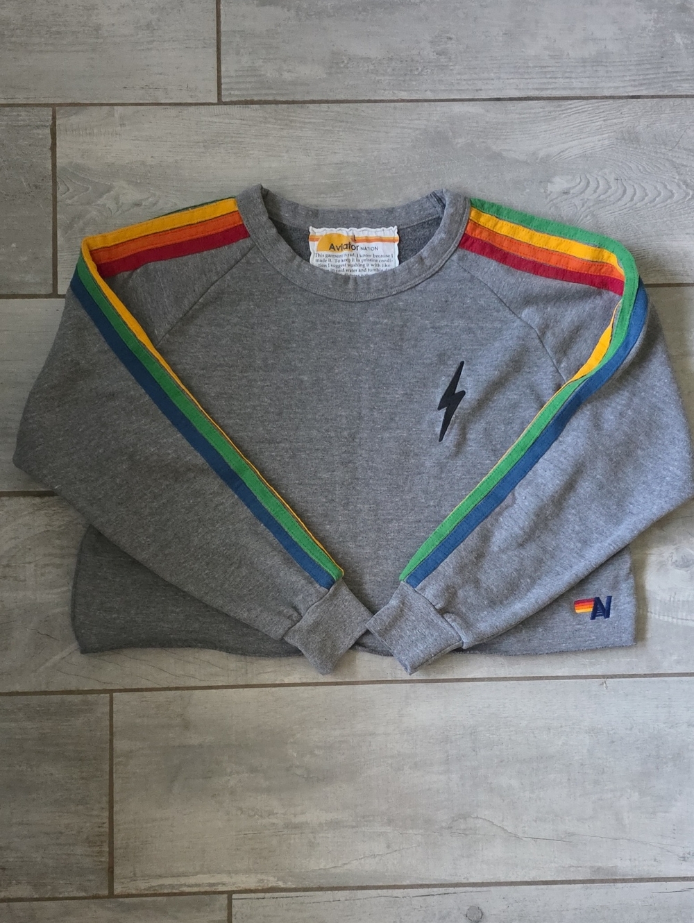 Aviator Nation Gray Cropped Crewneck Sweatshirt with Rainbow Shoulder Stripes